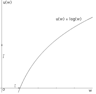 A logarithmic utility function, U(W)=log(W): each additional dollar is worth a little less than the last.
