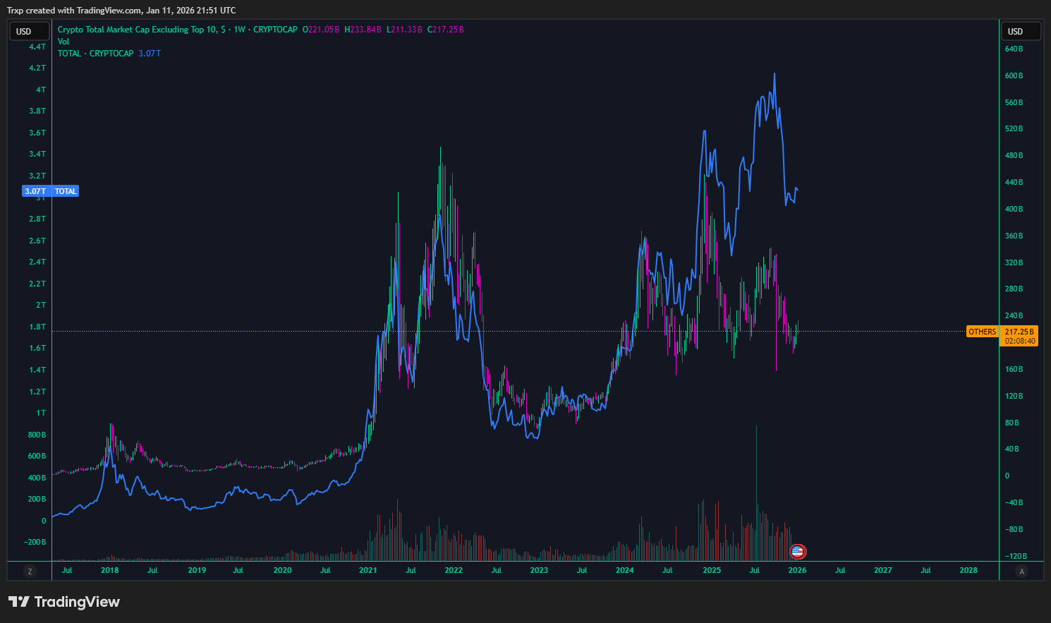 OTHERS (crypto market cap excluding the top 10, candlesticks) against TOTAL (blue). In tandem until 2021; sharply diverging by 2025.