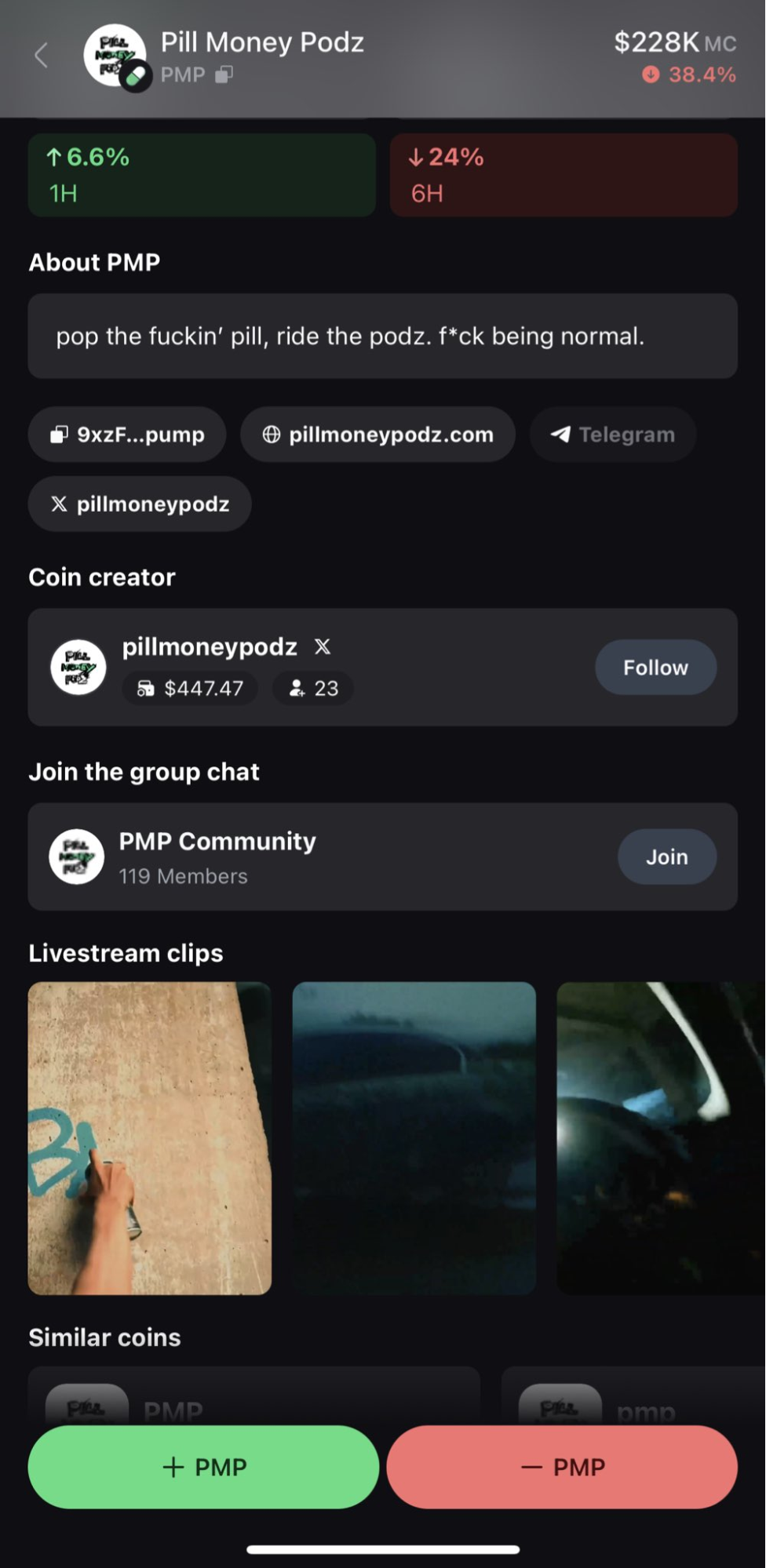 A single streamer token page, with coin creator, group chat and saved livestream clips.