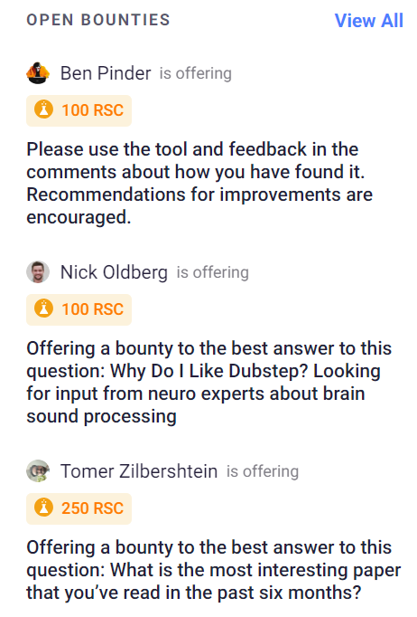 Open bounties on ResearchHub — users post RSC rewards for answers, peer reviews and tools (ResearchHub).